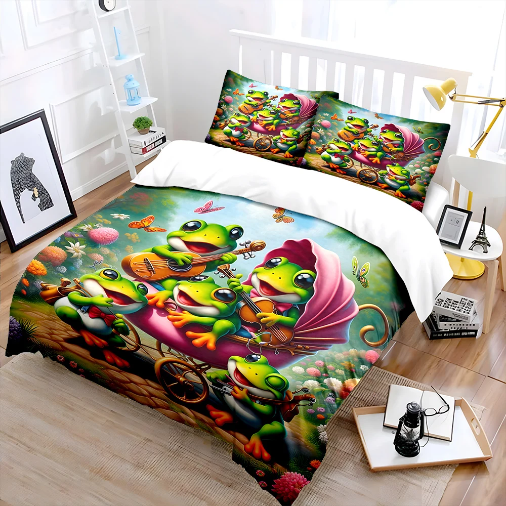 Frog band playing amid butterflies Print Soft Comfortable Duvet Cover Bedding Set Included 1*Duvet Cover  2*Pillowcases