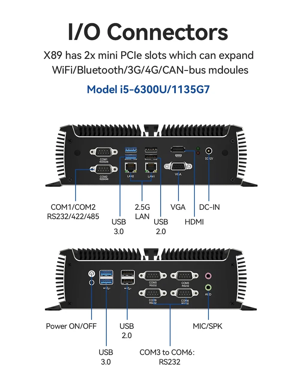 Przemysłowe bezwentylatorowe Mini PC 2 * RJ45 2.5G 2 * RS485 Intel core 4200U 6200U 1135 g7 8USB PCIE DDR4 PXE 4G LTE CAN-Bus Win11 LINX IPC