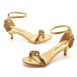Pumps Women Heeled Sandals Summer Rhinestone Buckle Strap PU 5CM Thin Heels Dance Female Korean Style Women Shoes White