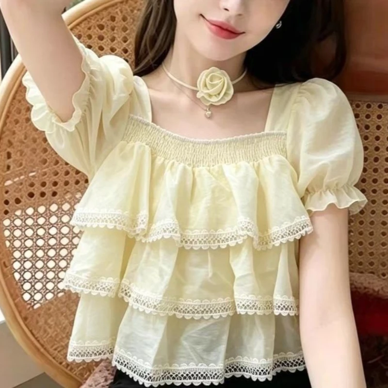 French Coquette Sweet Square Neck Puff Sleeve Chiffon Top Women Tummy Control Lace Trim Ruffle Slim Fit Casual Daily Outfit 2026