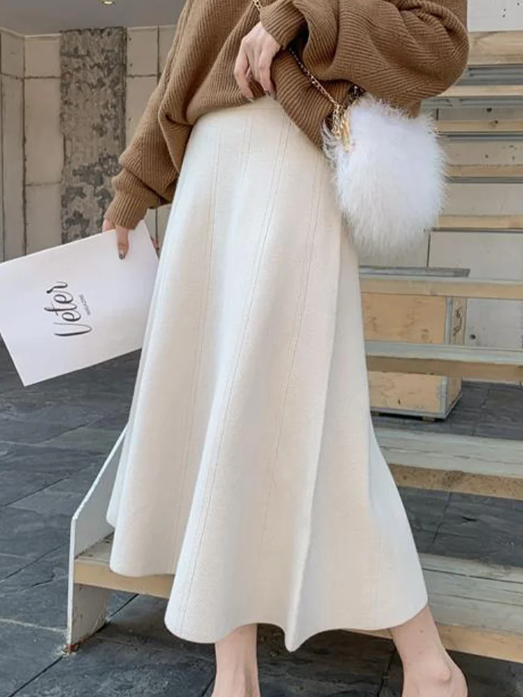 

Women Long Skirts Autumn Winter Knitted Midi Skirt Female Elegant Fashion Pleated Skirts Ladies Casual Loose Chic A-Line Skirt