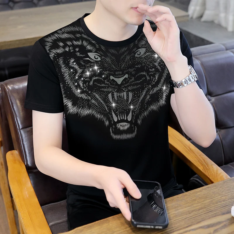 Tiger Rhinestone Cool Feeling T Shirt For Men Short Sleeve Silky Summer Quality Elastic Breathable Easy Care Camisetas De Hombre