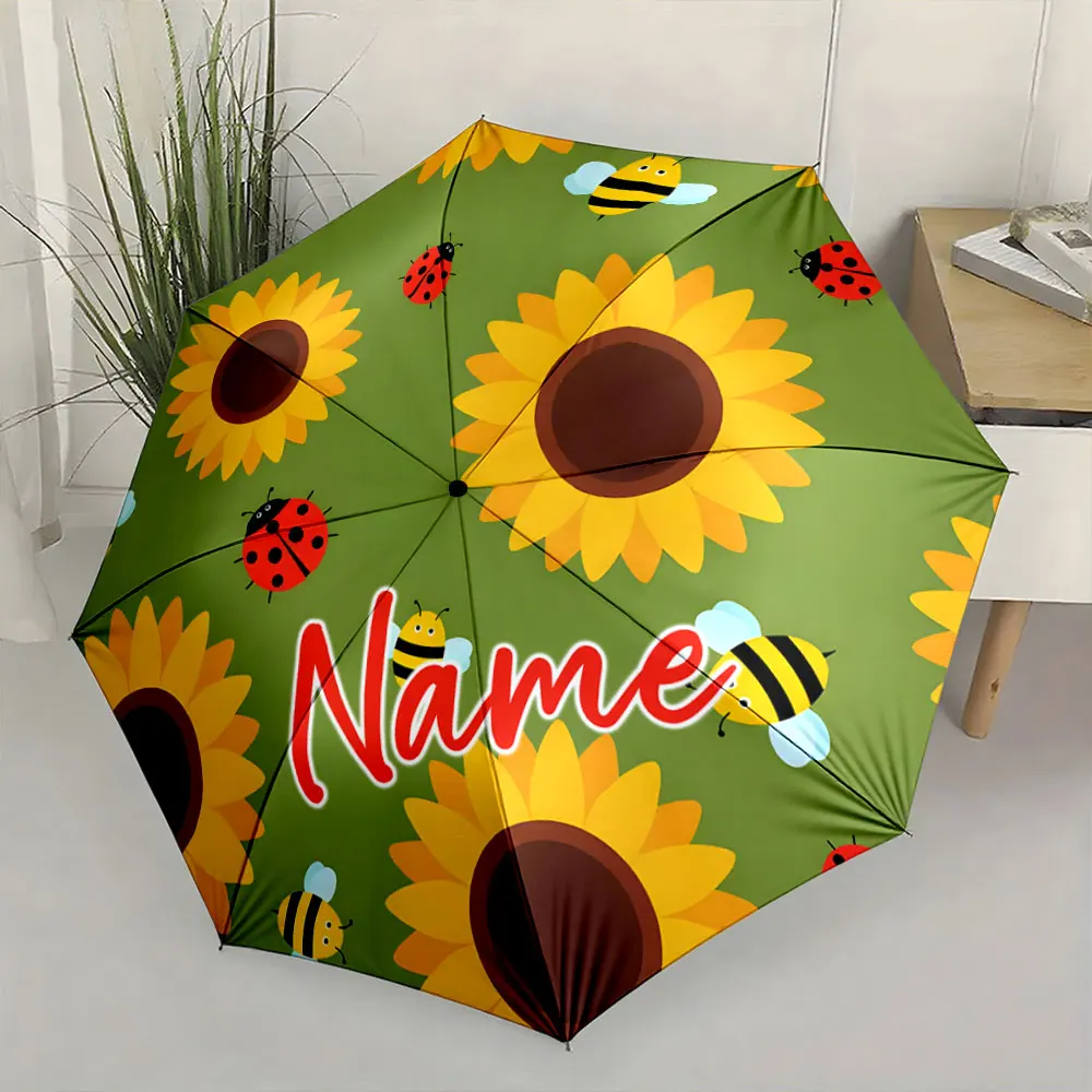 Custom Name Umbrella Sunny Day Umbrella with Bees and Ladybugs Print 8 Iron Ribs Folding Umbrella Auto-Open Fashion Sunshade