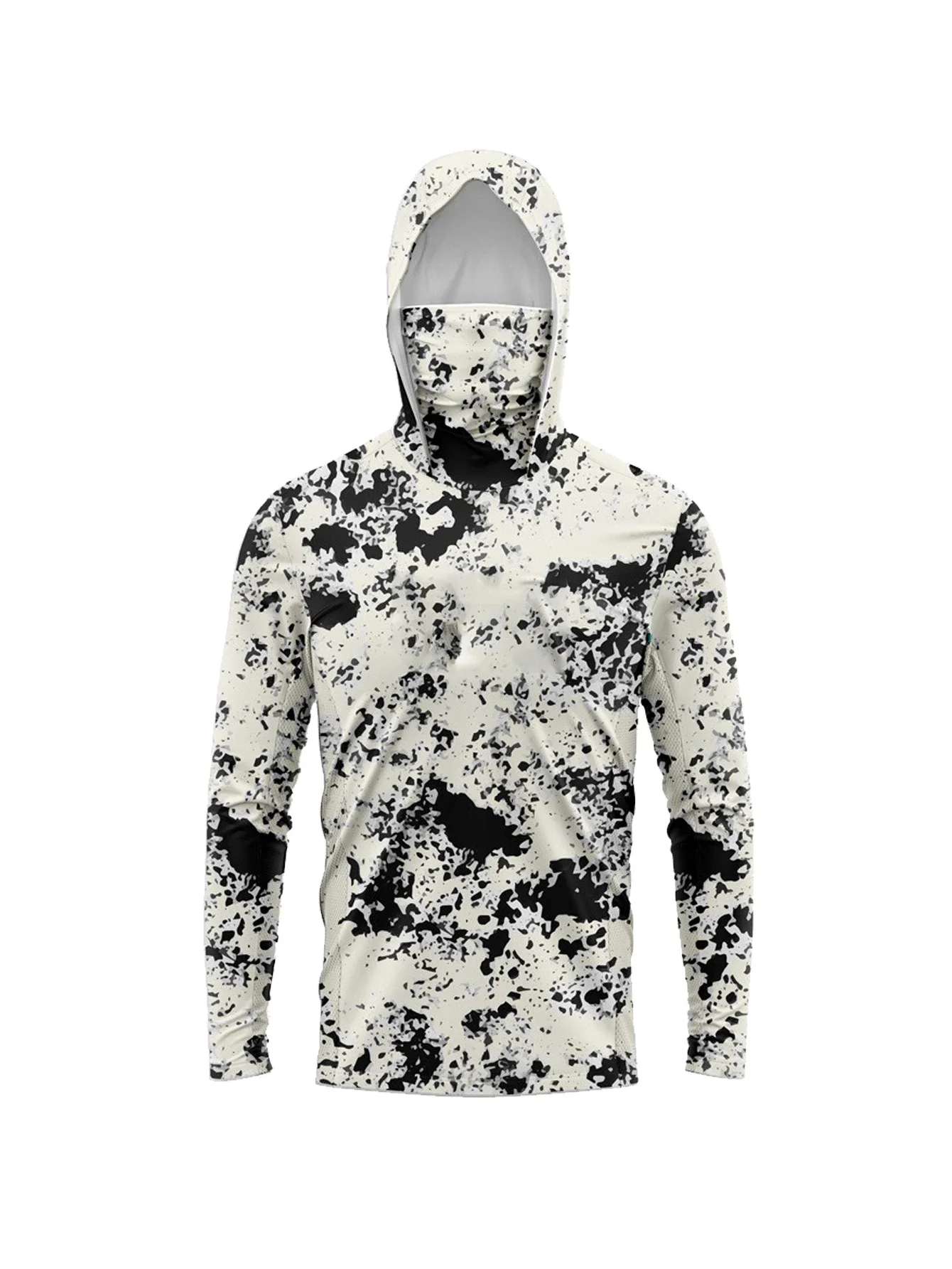 Herren Sommer UPF50+ Angel-Hoodie mit Gesichtsmaske Schwarz-Weiß Bürstenmuster Schnelltrocknend Atmungsaktiv Langarm Angelhemd – Detail 4