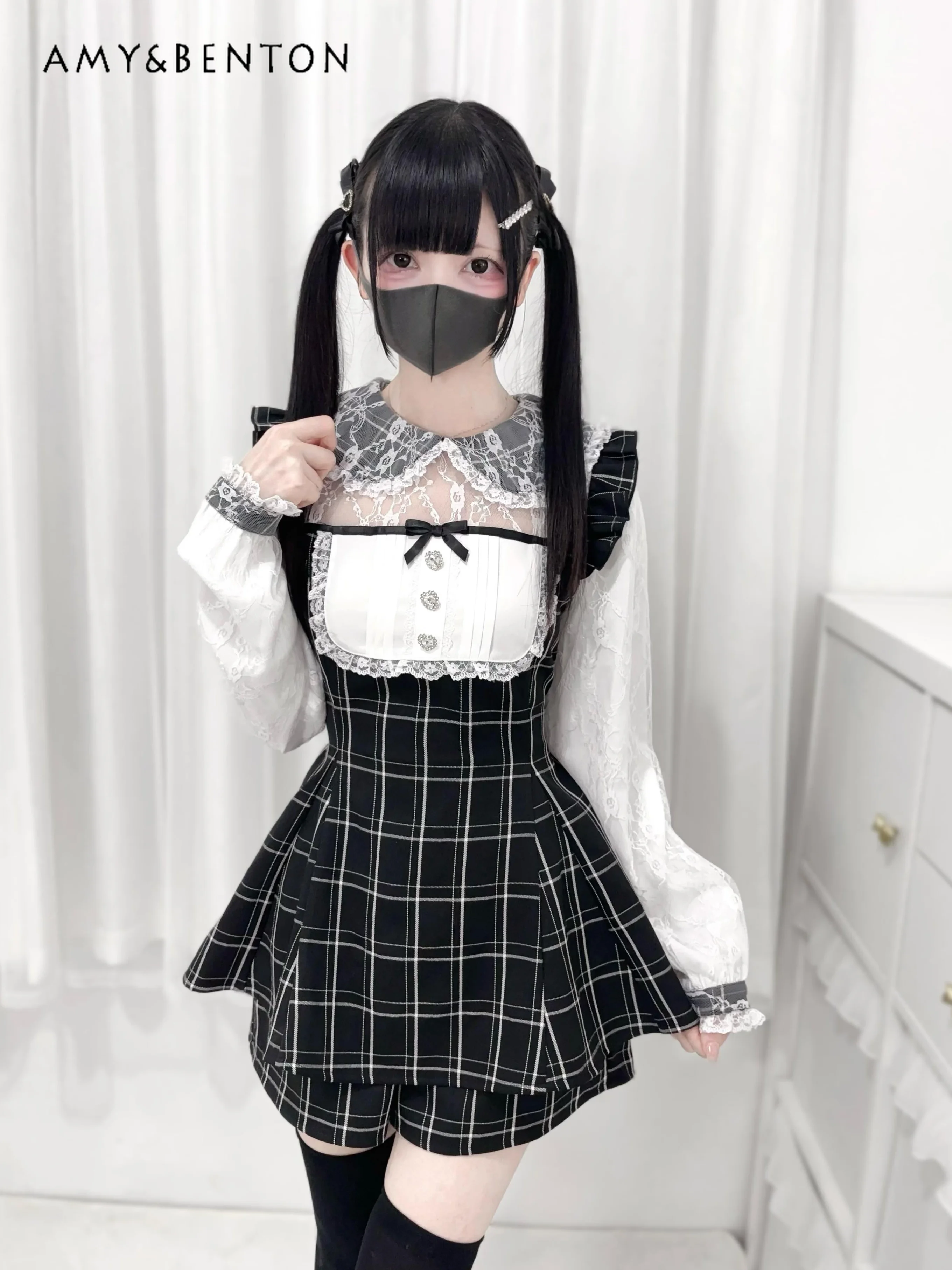 Sweet Cute Doll Collar Lace Long-sleeved Dress Sets Japanese Mine Series Mass-produced Kawaii Lolita Dress Short Two-piece Set