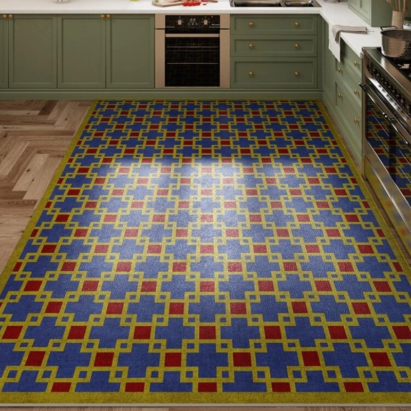 Turquoise Diamond Lattice PVC Leather Kitchen Rug Waterproof Oil-proof Stain-resistant Carpet Large Area Non-slip Floor Mats 러그