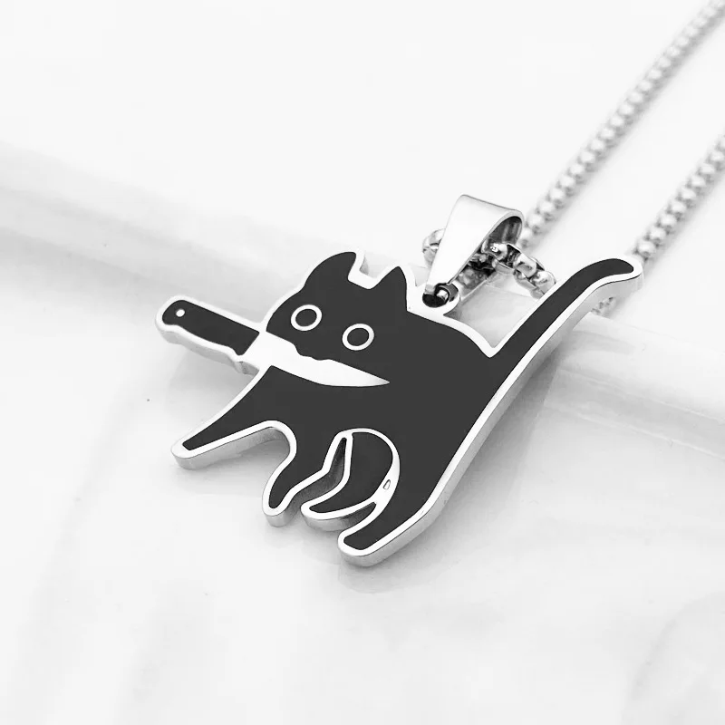 Stainless Steel Killer Cat Necklace for Women Men Cute Punk Retro Doodle Black Cat Pendant Chain New Jewelry Gift