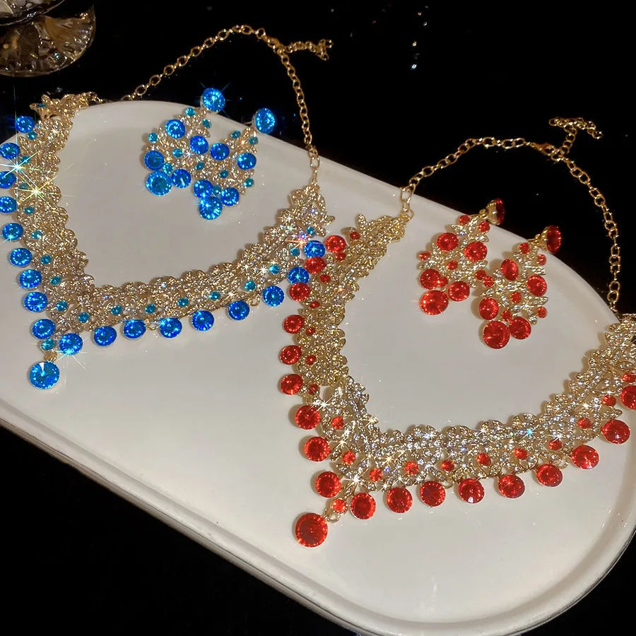 Retro Color-block Flower Rhinestones Pendant Necklaces Palace Style Hollow Out Tassel Drop Earrings Dedicate Wedding Jewelry A