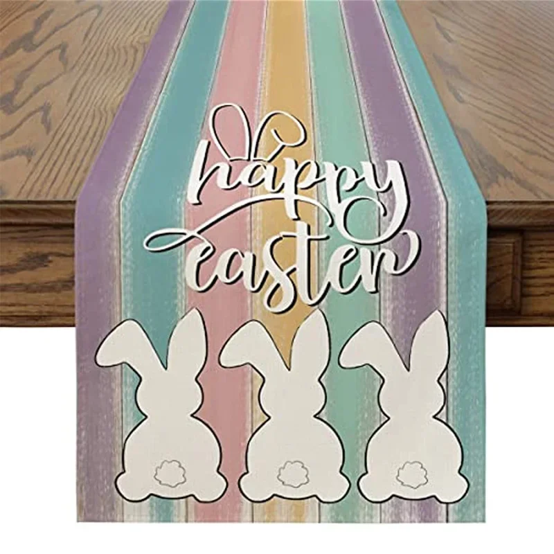 

Happy Easter Rabbit Stripes Linen Table Runner Wedding Decoration Spring Dining Holiday Party Decor