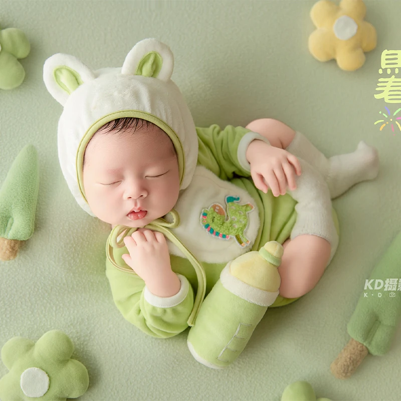 Green Bunny Newborn Photography Prop Plush Romper with Ear Hat, Milk Bottle & Flower Props, Infant Photo Shoot Costume for 0-1M