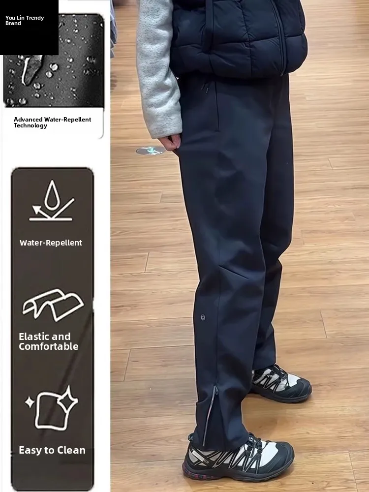 

Gray Blue American Style Zipper Work Pants Men's Autumn Winter Fleece Lined Slim Fit Outdoor Mountain Climbing Trousers