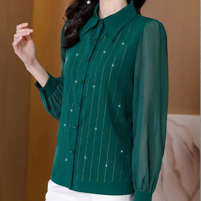 Camisa de moda con cuello tipo POLO para mujer, cárdigan de retales con botones sueltos, Tops elegantes con diamantes de imitación, informal, primavera y otoño, nuevo