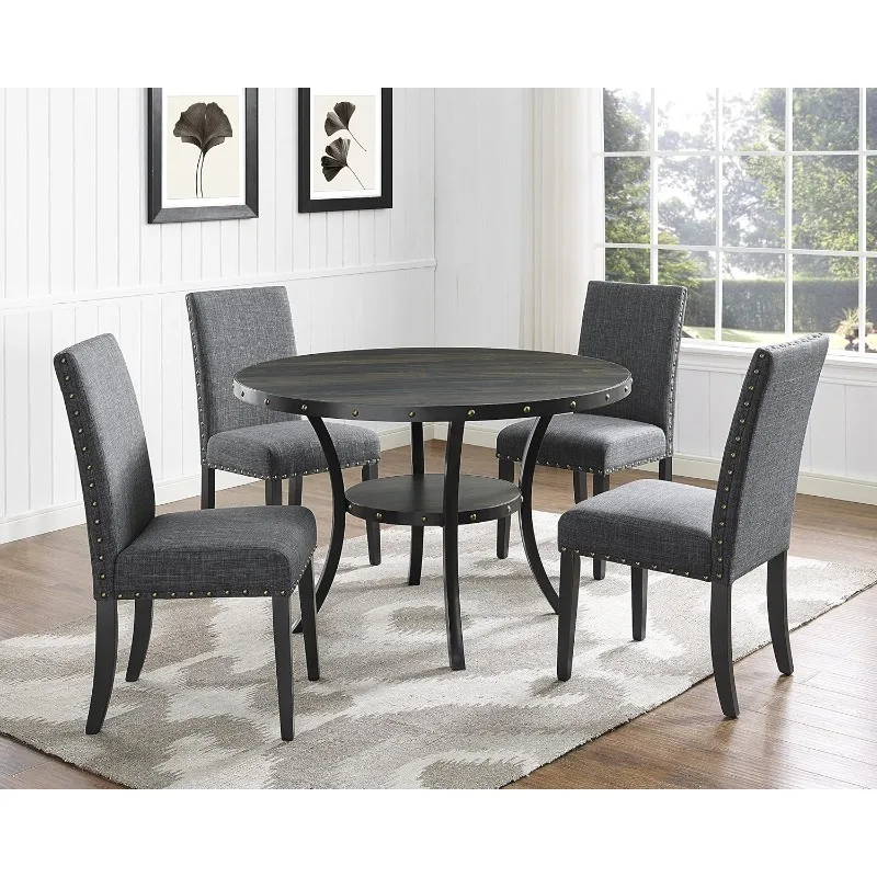 

Furniture Collection Espresso Wood Dining Table and Chairs with Fabric Nailhead Chairs,