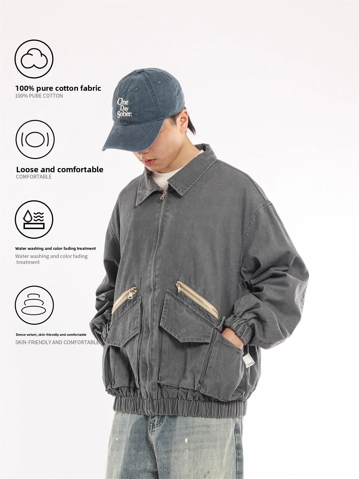 Retro Japanese Style Cotton Work Jacket for Men Casual Loose Fit Turn-down Collar Weathered Design Youth Fashion Outerwear