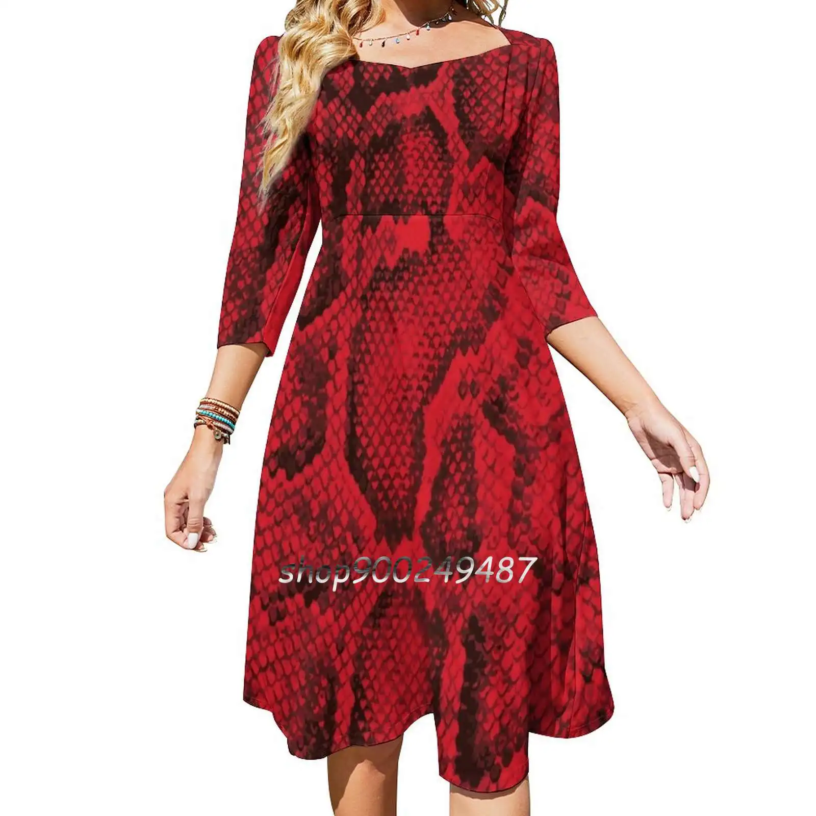 Red Snakeskin Flare Dress Square Neck Dress Elegant Female Fashion Printed Dress Snakeskin Snake Skin Snake Skin Red Snake Skin