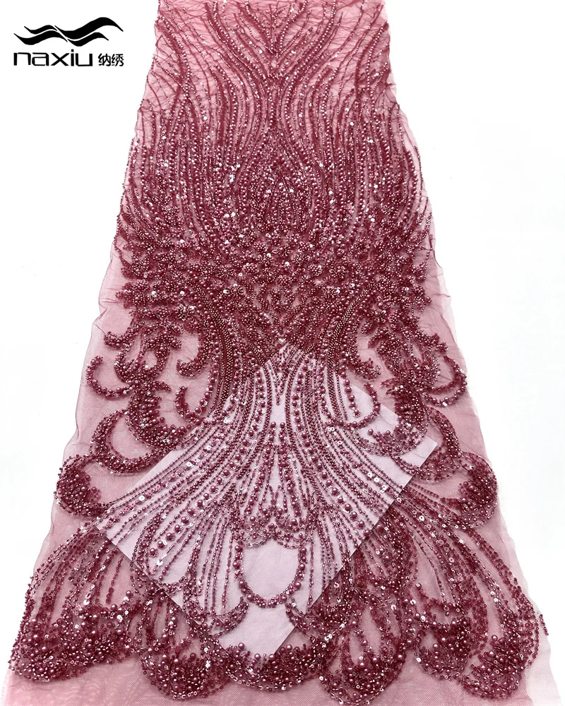 

Madison African Heavy Beaded Lace Fabric High Quality 5 Yards Nigerian Sequins Groom Fabric Material For Wedding Party Dress