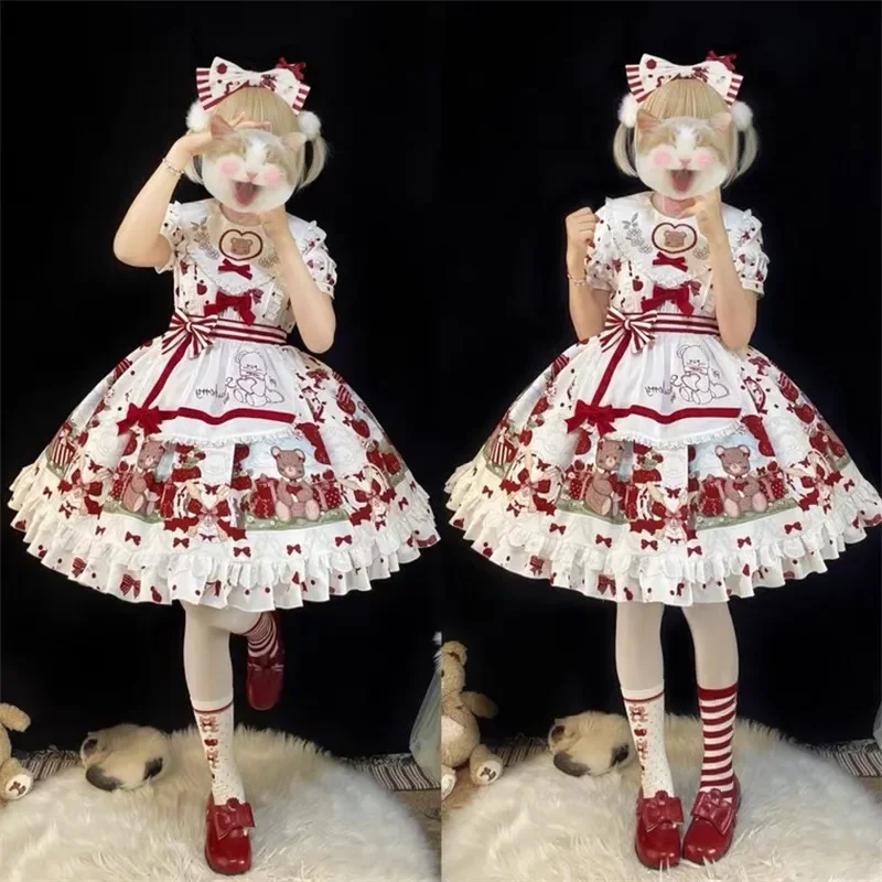 Erdbeere Lolita JSK Op Kleine Schürze Sommer Mädchen Erdbeere Süße Blume Hochzeit Kleid Täglichen Tragen Outfit Op Kawaii Vestido RZ89