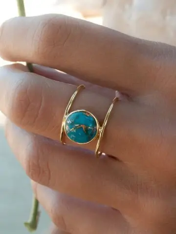  New Bohemian Large Round Turquoise Stone Rings for Women Vintage Double Layer Ring Retro Party Jewelry Boho Band Ring