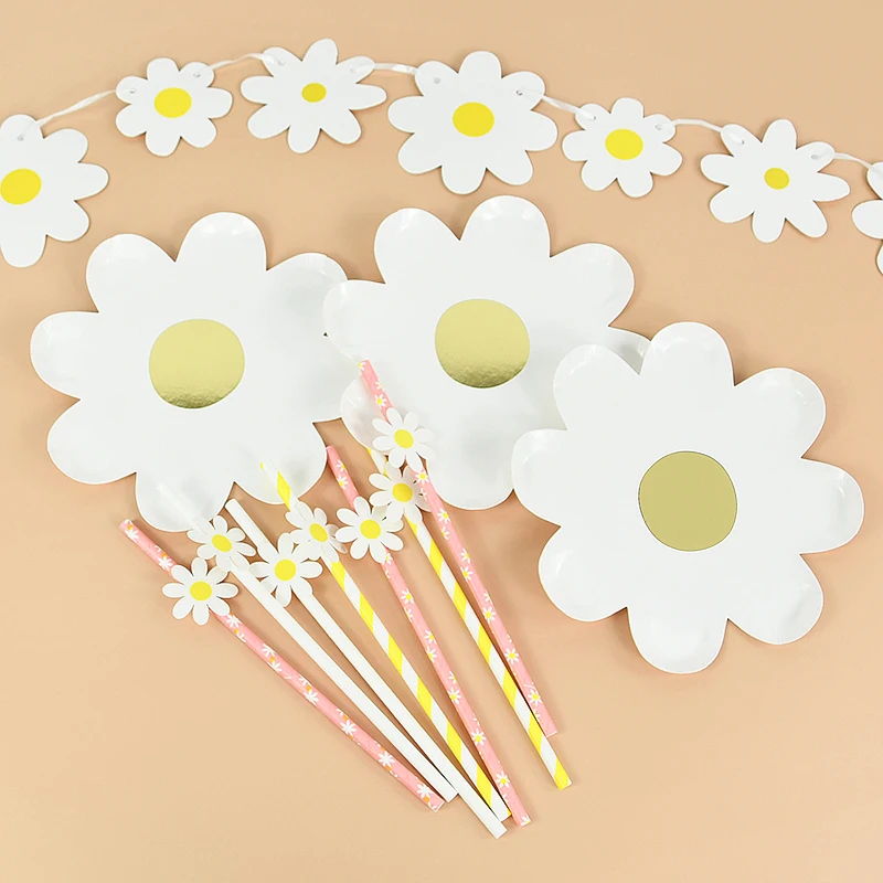 

Daisy Disposable Tableware Paper Plate Straw Banner Kids Girls Birthday Party Decoration Wedding Festival DIY Party Supplies 7