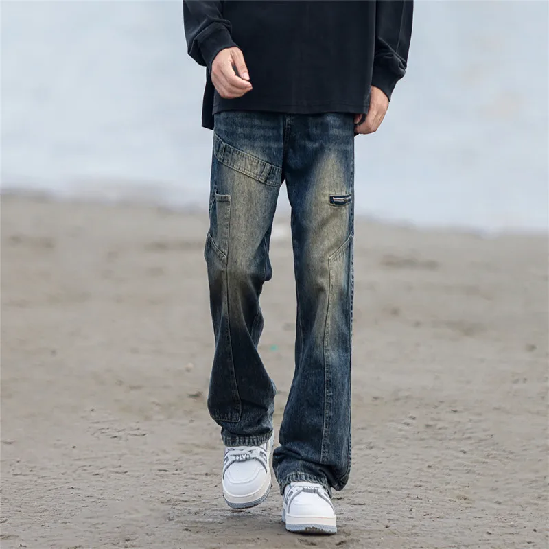 American Retro Patchwork Jeans For Men Fashion Washed Distressed Straight Leg Denim Pants Casual Loose Spring Autumn Trousers