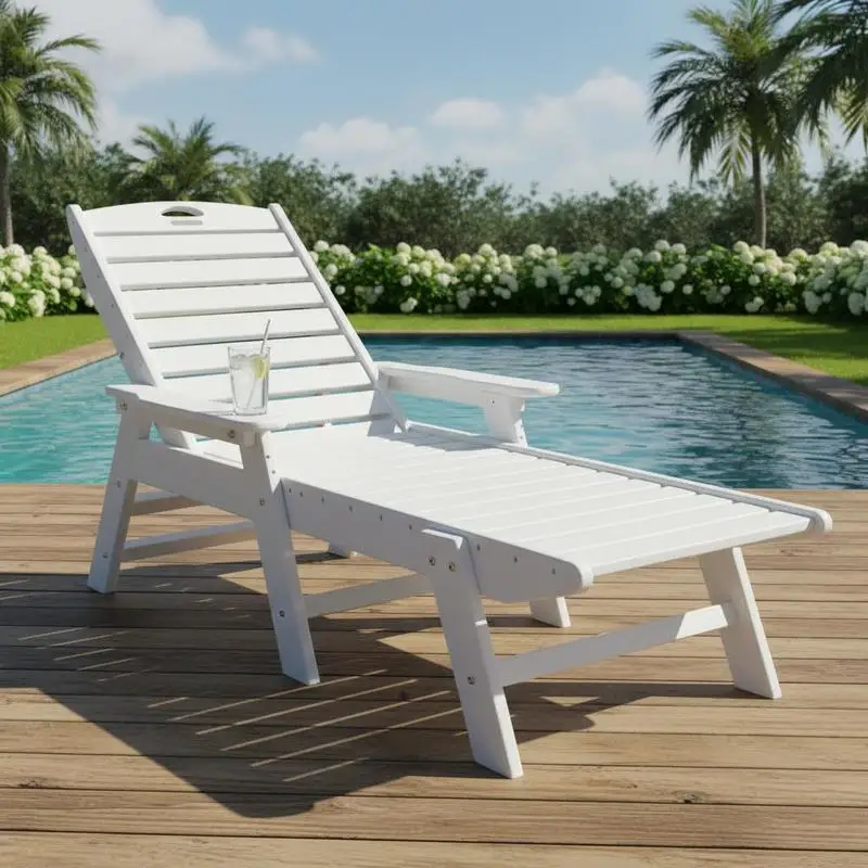 Chaise longue de jardin en HDPE, capacité de charge 181 kg, chaise longue de plage avec dossier réglable en 6 positions, accoudoirs, porte-gobelet, chaise longue de balcon, chaise longue de patio pour piscine, terrasse, pelouse, blanche