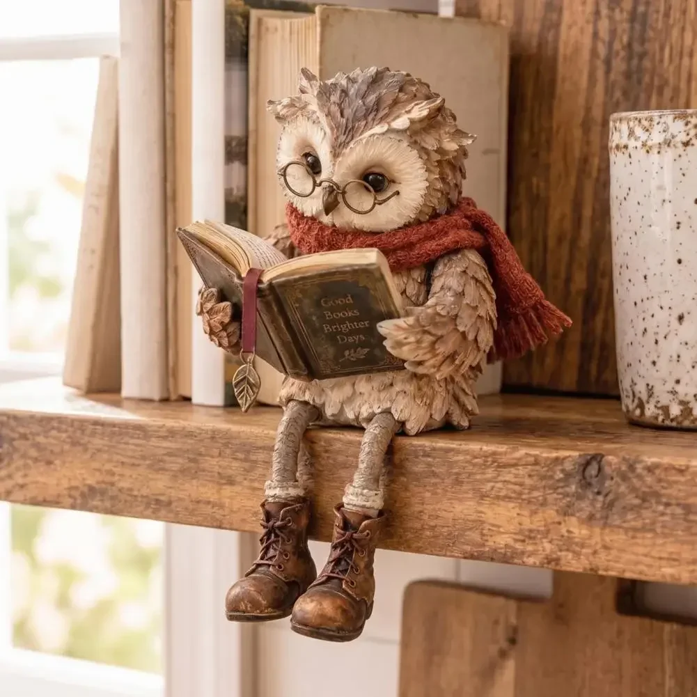 Reading Owl Figurine Creative Owl Statue with Glasses Scarf Boots And Open Book, Reading Owl Sculpture for Book Nook Shelf Decor