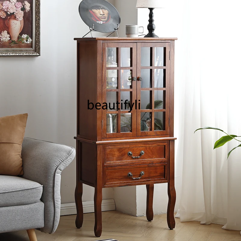 American retro wine cabinet living room storage display cabinet with door against wall solid wood bookcase image 5