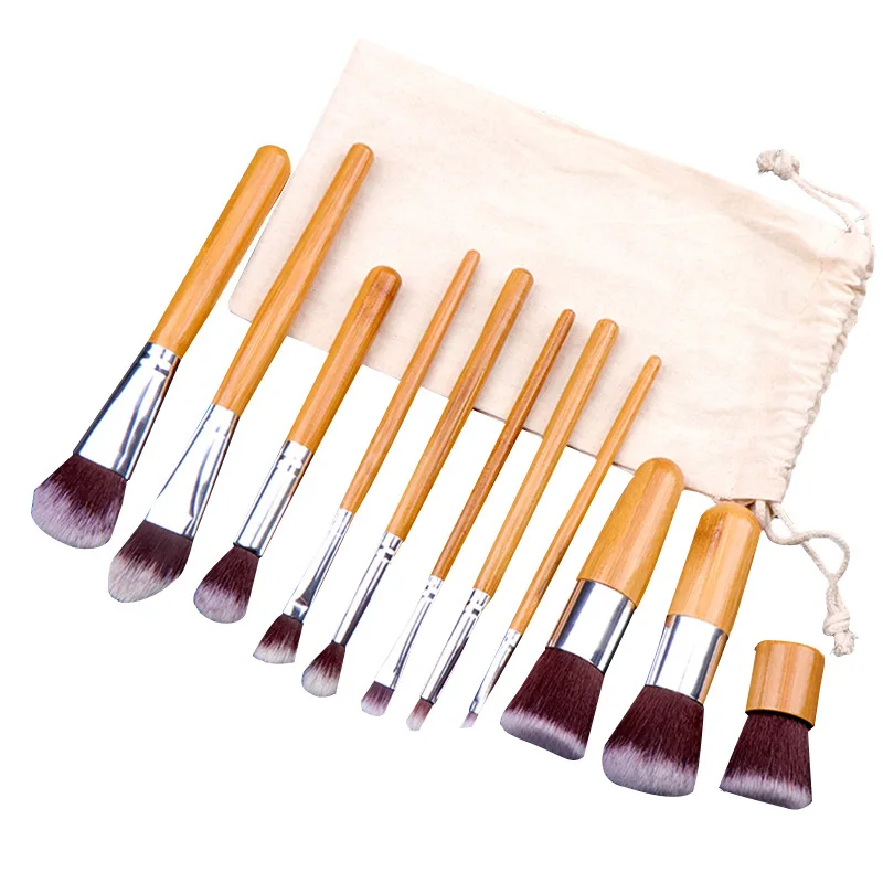 Ensemble de pinceaux de maquillage avec manche en bambou naturel, fond de teint de haute qualité, mélange cosmétique, ensemble d'outils de maquillage avec sac en coton, 11 pièces/ensemble