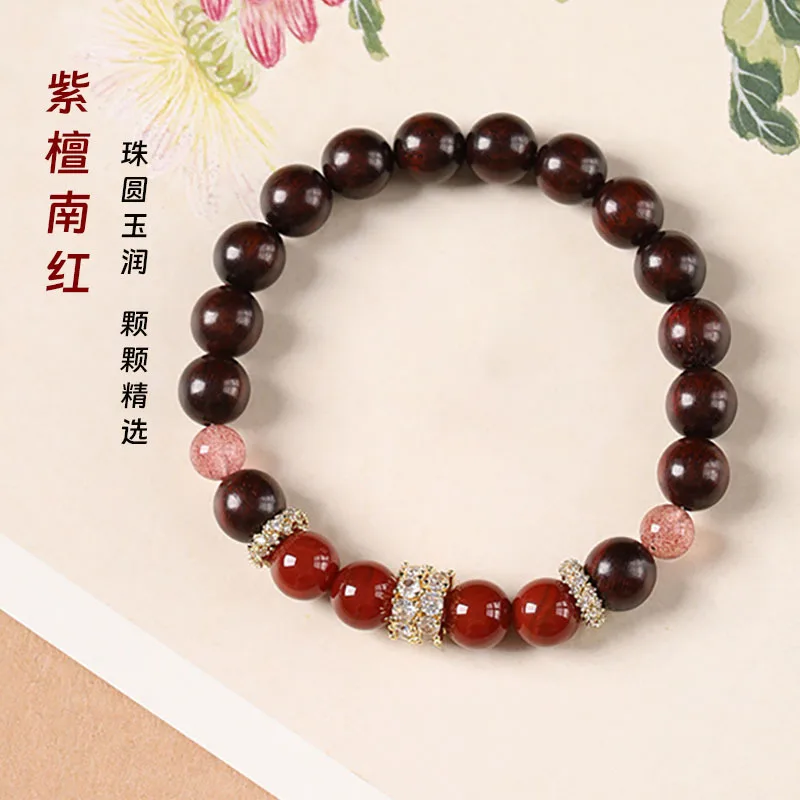 8mm Red Sandalwood Bracelet for Women with Agate Accents Gold Plated Zircon Spacers Elegant Jewelry Gifts