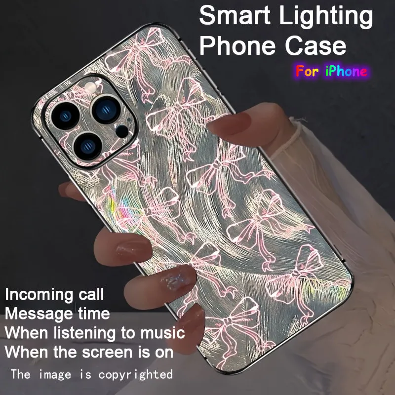 

Shiny Feathers Pink Bow Vibrant Phone Case LED Glow For iPhone 17 Air 16 15 14 13 12 11 Pro Max 16E 6 6s Plus Light Back Cover