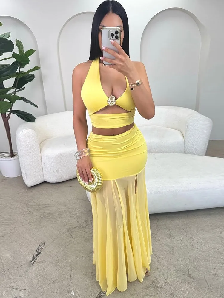 

2026 Women Beach 2 Piece Sets Bikini Cover-Ups Sleeveless Tops And Maxi Skirt Sexy Ladies Swimming Cover Up Bathing Suit