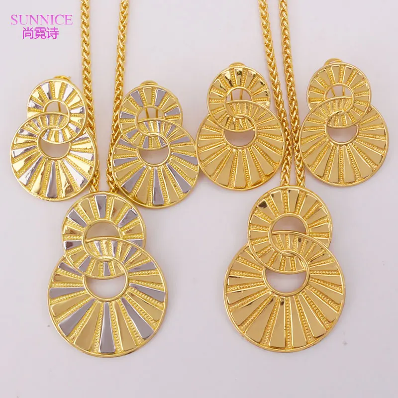 

18k Gold Dubai Women Jewelry Set Silver Golden Necklace Clips Earrings Pendant Bridal Fashion Copper Jewelry Sets Free Shipping