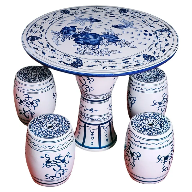 

Ceramic table and stool combination, hand-painted blue and white, outdoor balcony and courtyard decoration