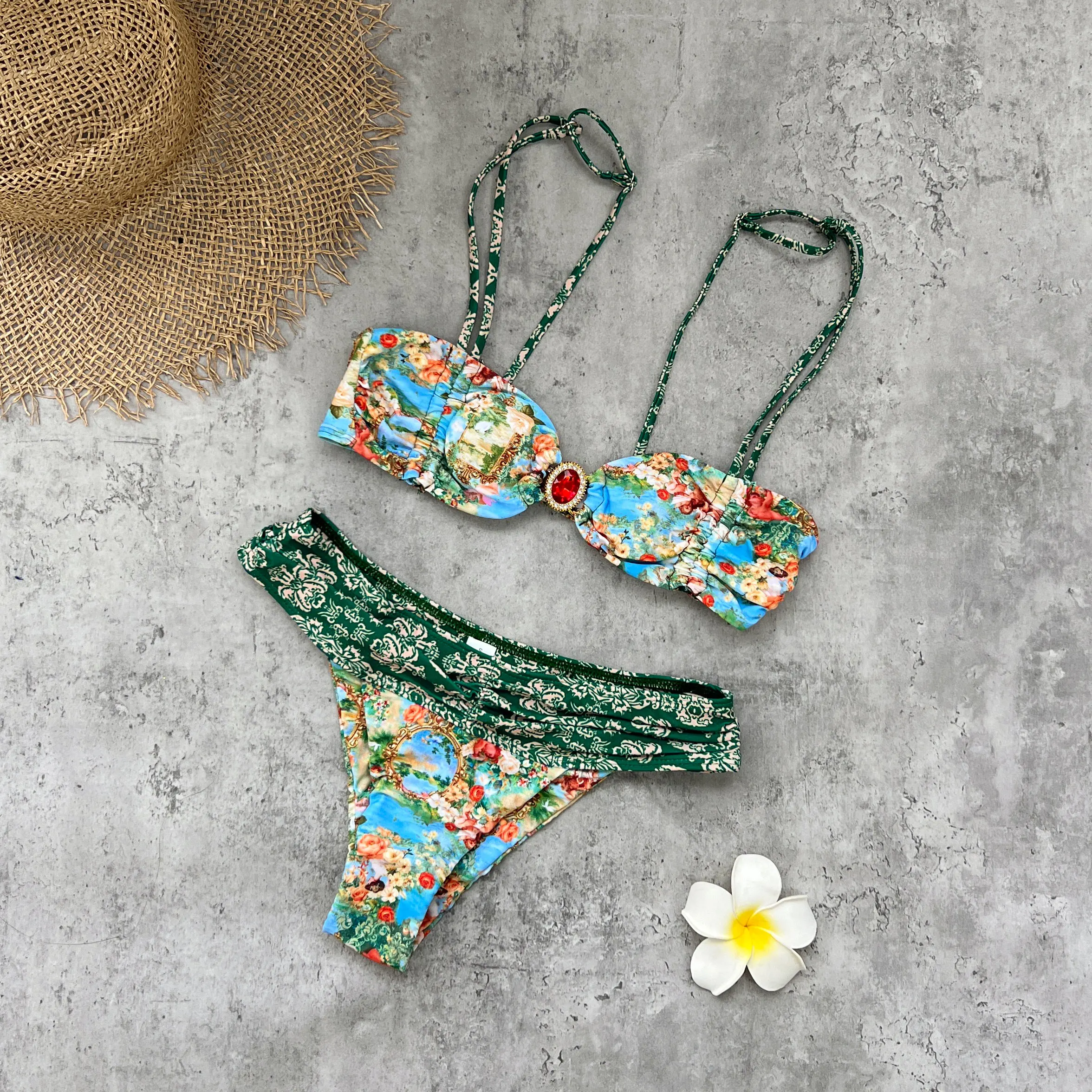 Elegant Floral Printed Bikini Women Swimsuit Retro Lady Double Shoulder Straps Biquini Swimwear Fashion Mujer Beach Bathing Suit