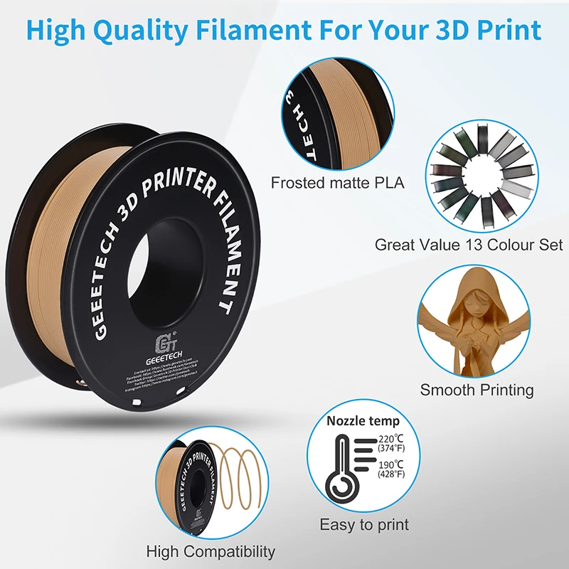 Geeetech 5kg Matte Filament PLA 1.75mm, 3D Printer Material Polylactic Acid, Frosted Texture, Vacuum Packaging
