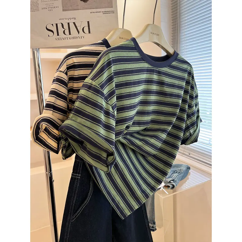Retro een Striped Loose Fit ort Sve Women's T-irt Lazy Sle Base irt Summer New Arrival Korean Sle round Ne