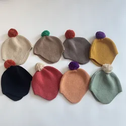 Bonnet en tricot à pompons pour bébé, bonnet de protection pour enfants, bonnet doux pour filles et garçons, bonnet chaud pour les oreilles, accessoires pour enfants, mignon, hiver, 2024