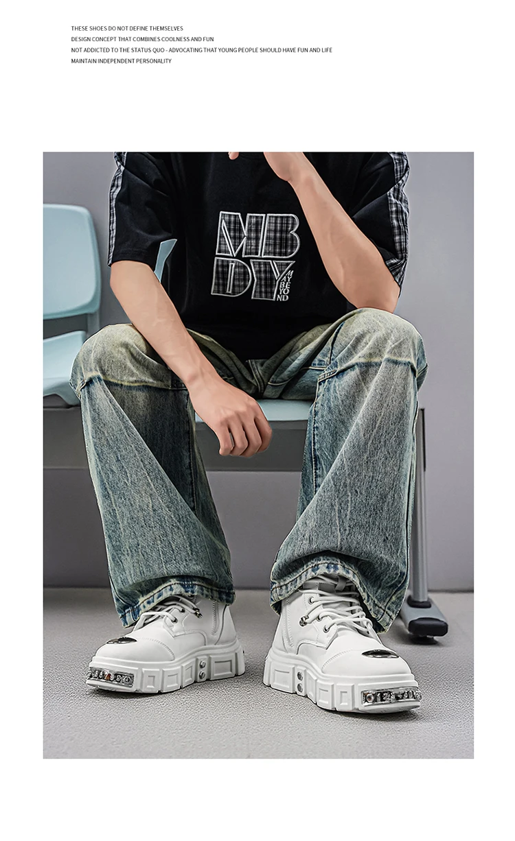 Herren-Streetwear-Stiefel in Uni-Farbe, High-Top, mit Metallschnalle, im Punk-Stil, Motorradstiefel – Detail 2