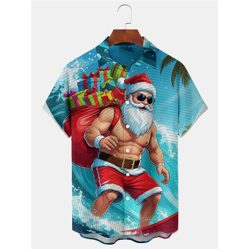 هاواي شاطئ تصفح عيد الميلاد موضوع طباعة قمصان للرجال مضحك سانتا كلوز زر التلبيب هاواي قمصان مهرجان الاتجاه القمصان