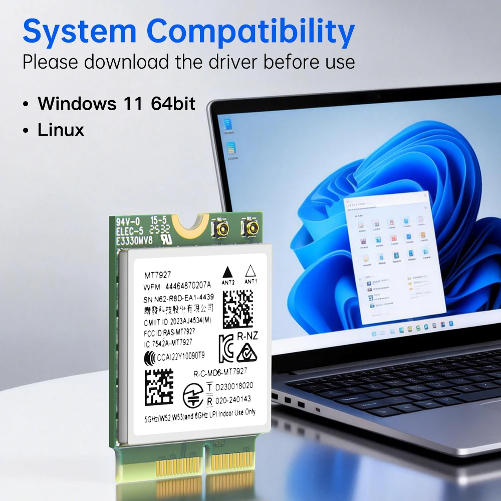 Karta Wi-Fi Fenvi WiFi 7 MT7927 M.2 Tri-Band 2.4G/5G/6GHz BT5.4 Adapter Sieciowy Bezprzewodowy z Anteną Zestaw do Komputera Stacjonarnego dla Win11 — zdjęcie produktu 5