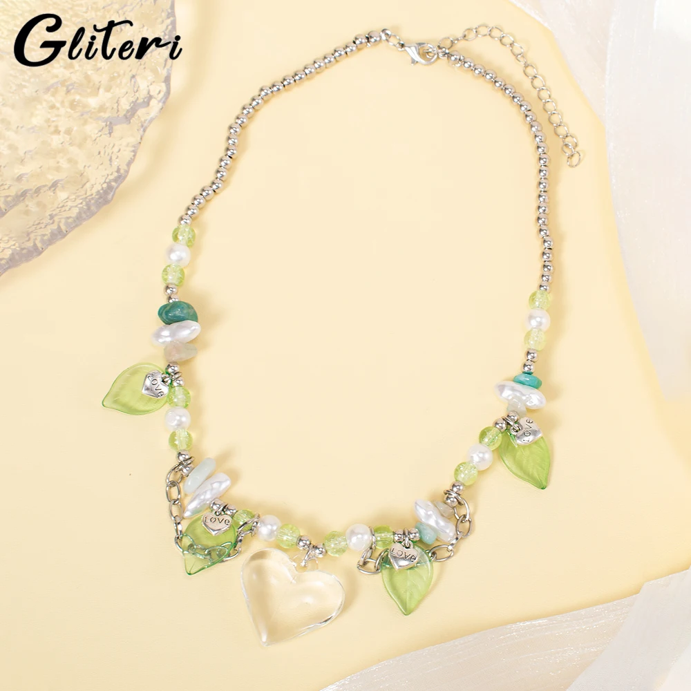 

GEITERI 2023 Trendy Acrylic Heart Chain Pendant Necklaces For Women Girls Green Leaf Pearl Bads Necklace Jewelry Christmas Gifts