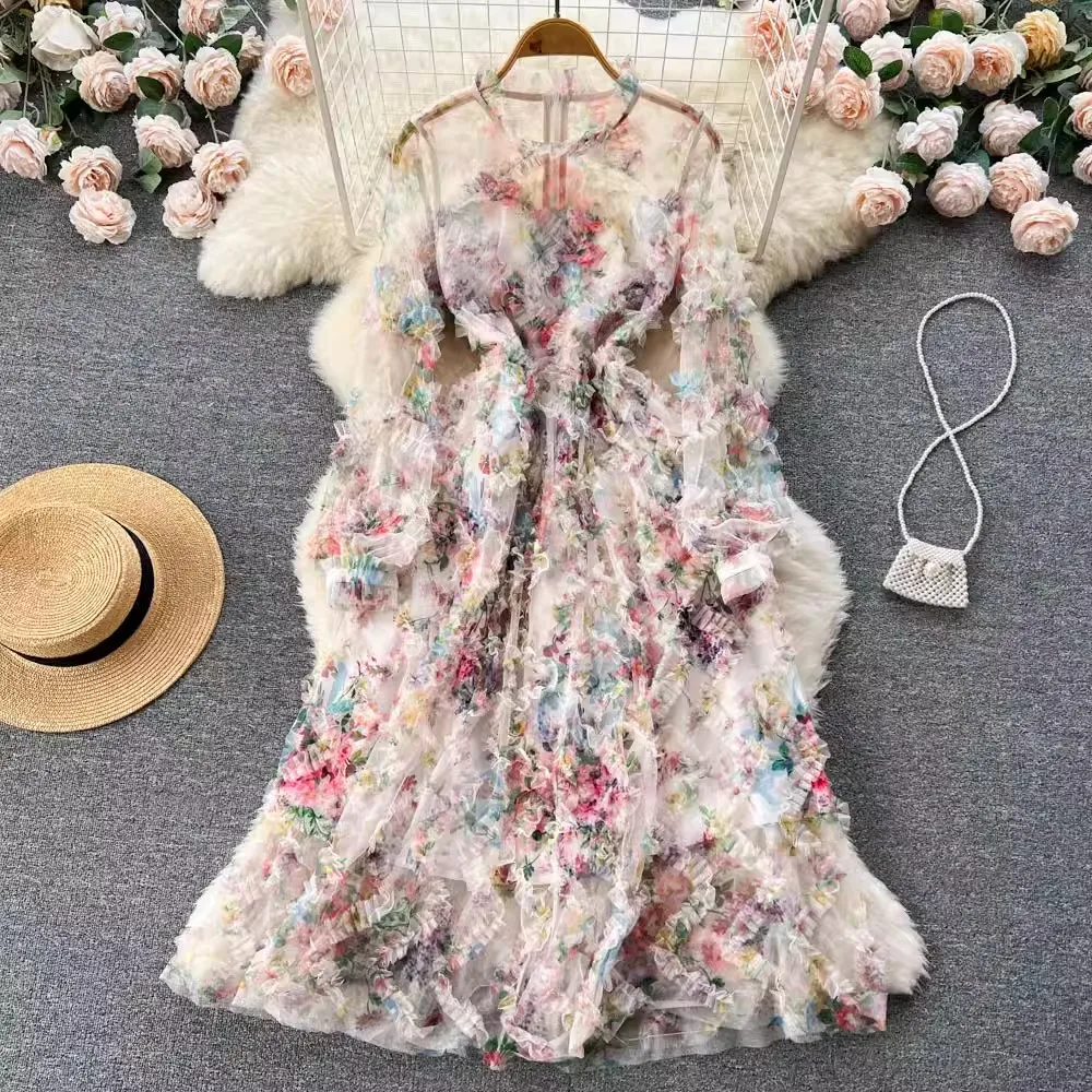 Fashion Elegant Mesh Dress Women Korean Summer O Neck Long Sleeve Ruffles Long Dress Party Vestidos