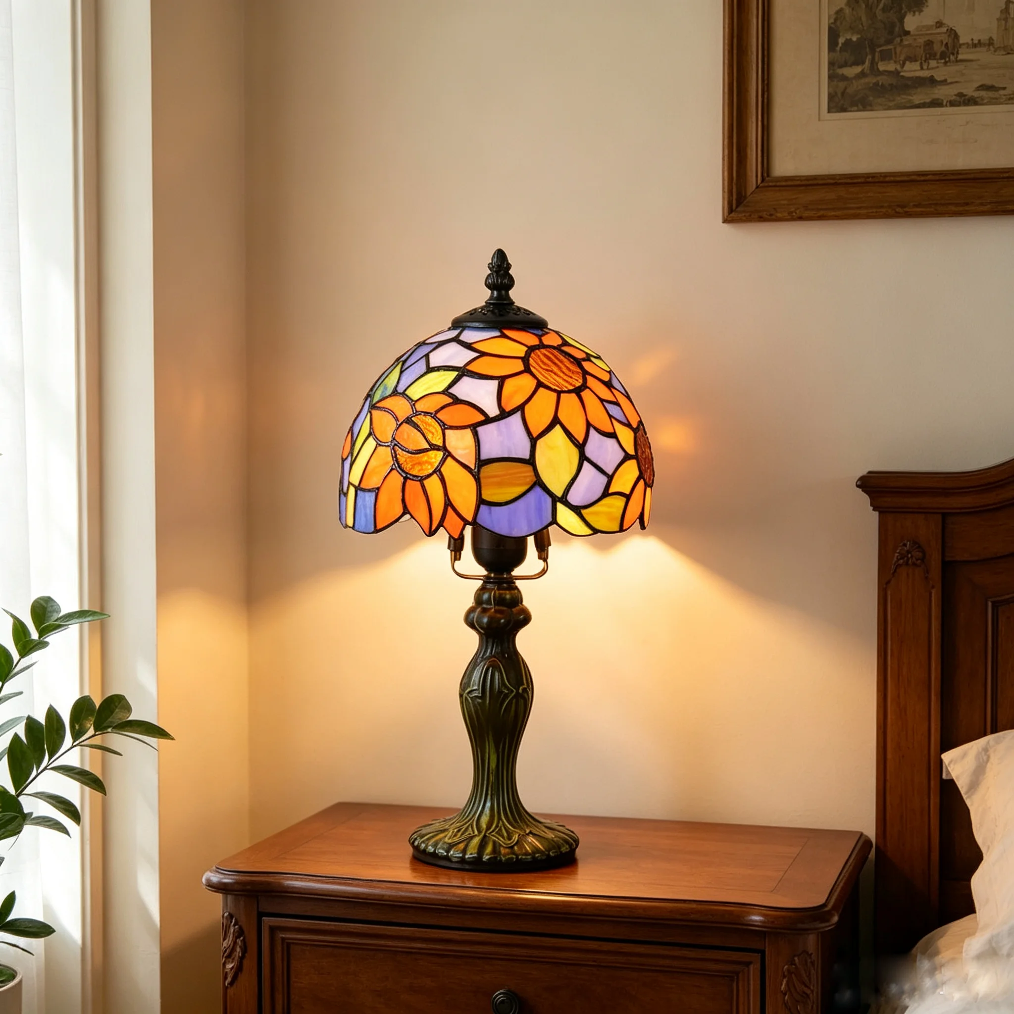 8 Inches Blue Sunflower Tiffany Lamp Small Stained Glass Table Lamps Vintage Style Nightstand Reading Desk Light for Living Room