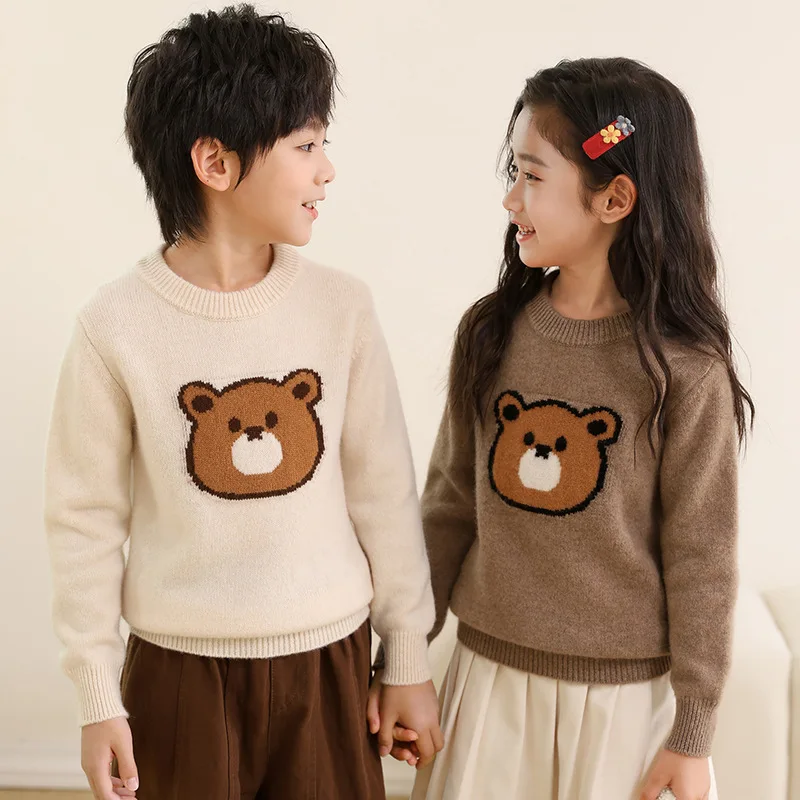 Seven-Needle Thickened Wool Cute Bear Embroidery Jacquard Sweater Boys and Girls Children Same Style Sweater