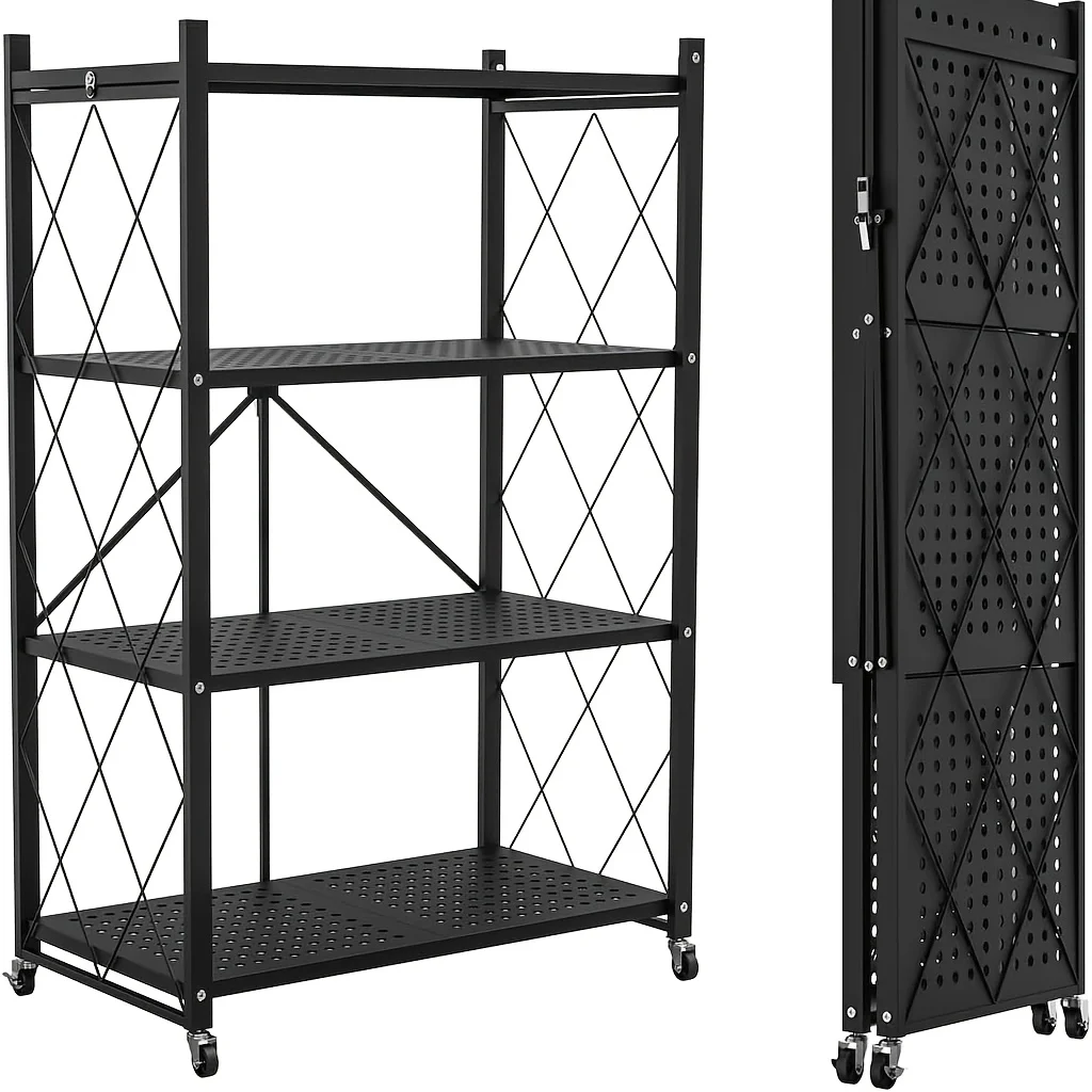 

4-Tier Foldable Storage Shelf with Wheels - Metal Rack Collapsible Shelving Unit Display, Rolling Cart for Books Kitchen Storage