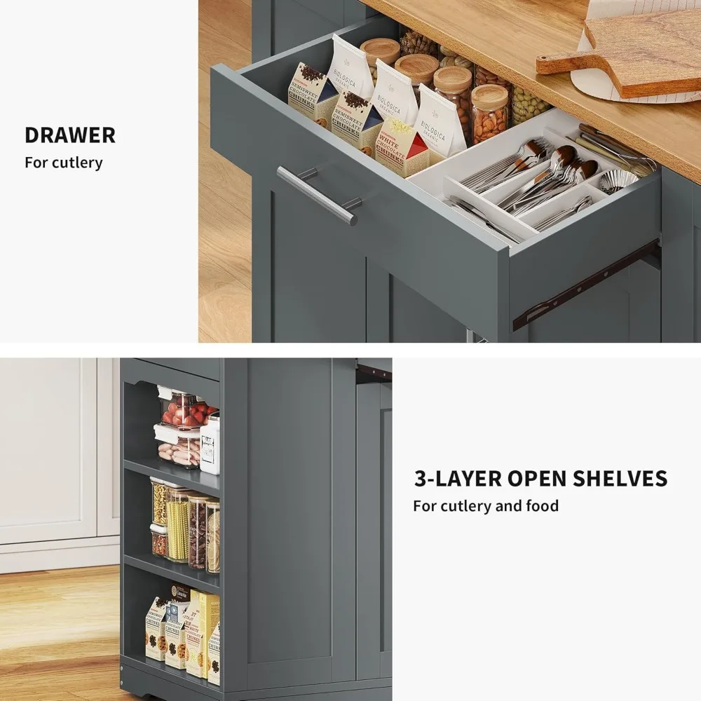 Grande îlot de cuisine roulant de 53 pouces avec armoire de rangement pour poubelles de 13 gal, Table des îles Portable avec armoire à roulettes avec 2 tiroirs