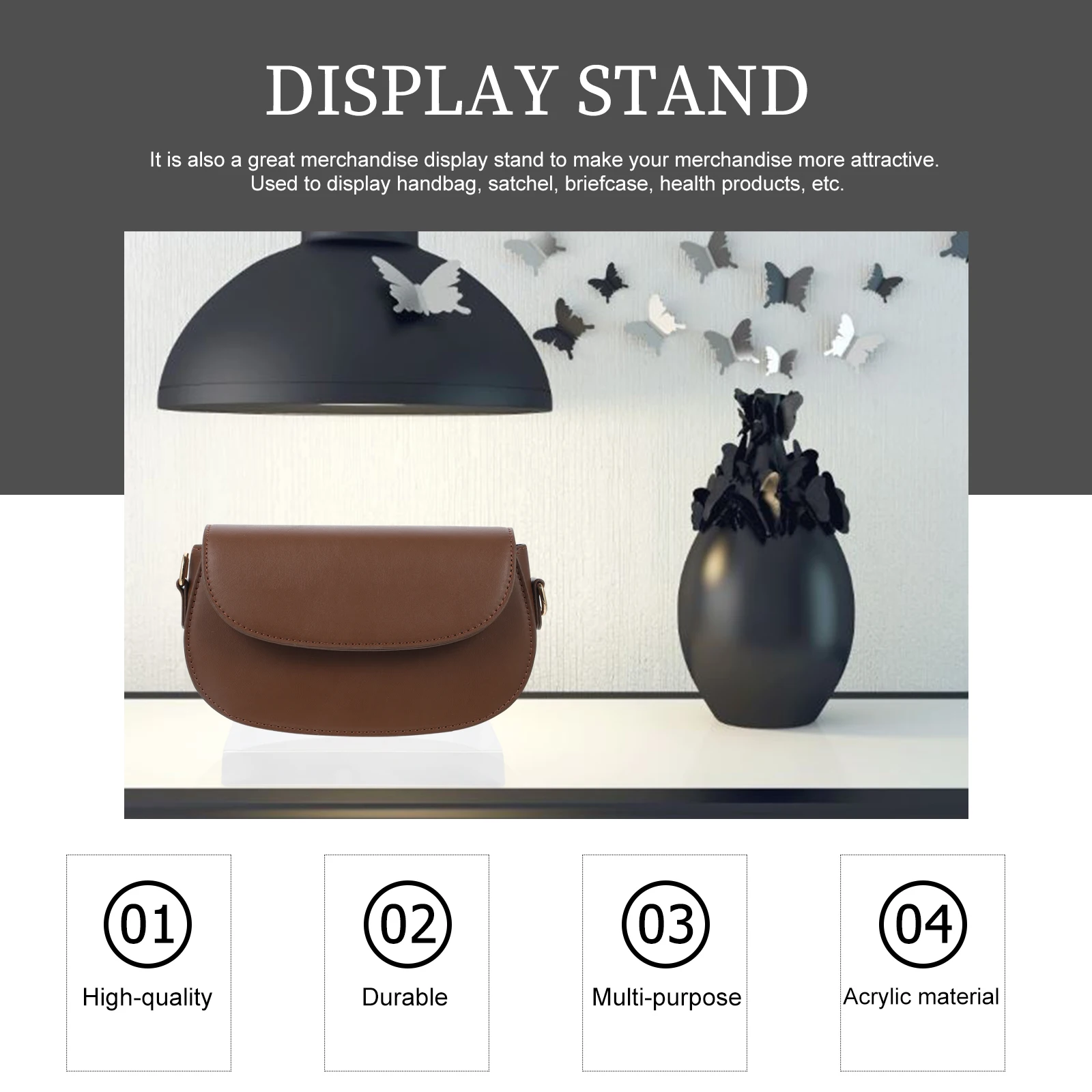 

Clear Acrylic Handbag Display Stand Tote Purse Rack Retail Shop Durable Sturdy Transparent Design Smooth Surface Brush