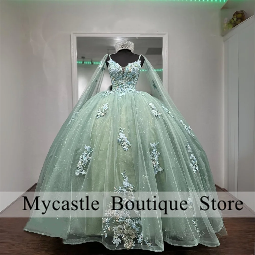 Romantic Sage Green Lace Applique Ball Gown Quinceanera Dresses 2024 With Cape Sweet 15 Dress Lace-up Corset Vestidos De 15 Año