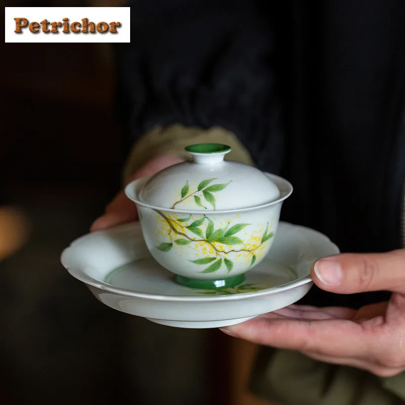 

100ml Hand Drawn Osmanthus Flowers Gaiwan Japanese Tea Tureen Tea Bowl With Lid Kit Tea Brewing Cover Bowl Cha Collection Craft