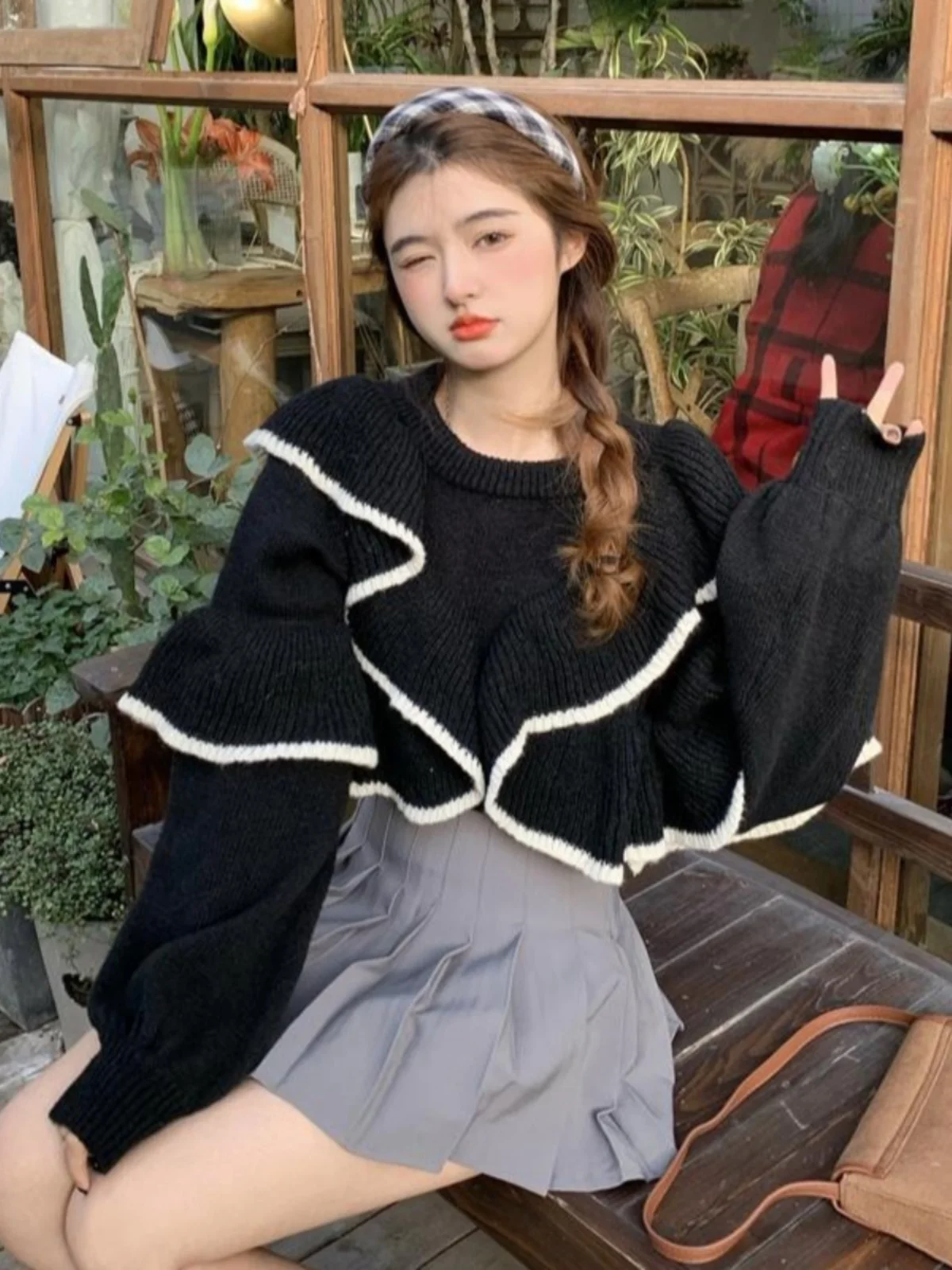 

Korean Sweet Color Block Lace Hem Sweater Women Loose Outerwear Spring Autumn Design Long Sleeve Knitted Top round Neck Singl...